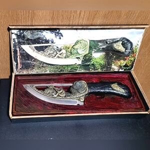 Collectors Vtg Brass and Stainless Steel Fixed Blade Knife w/Dog and Hunter …